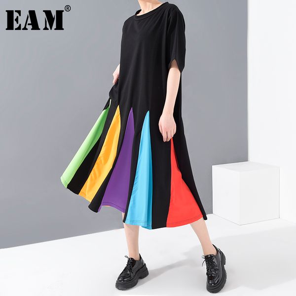 

eam] women black colorful hem split big size dress new round neck short sleeve loose fit fashion spring summer 2020 1u50601, Black;gray