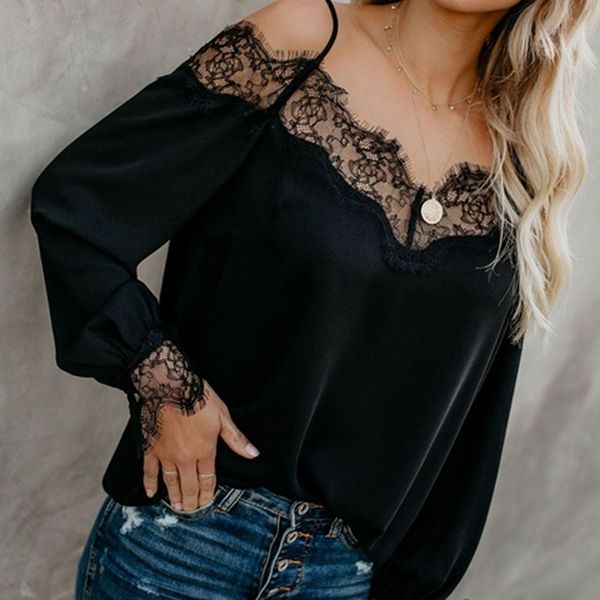

casual blouses 2020 black long sleeve autumn lace patchwork shirts fashion off shoulder blouses spaghetti strap blusas, White