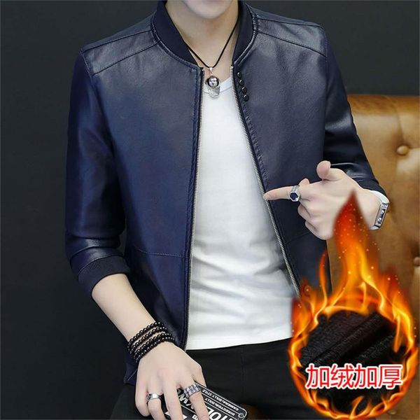 

autumn and winter new men's korean version of the slim leather jacket fashion casual men's solid color 4 button decoration coat, Black