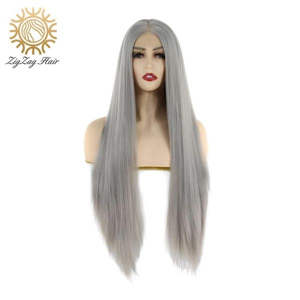 

zigzag gray synthetic lace front wig natural straight long middle part heat resistant fiber hair for women daily wear wigs, Black