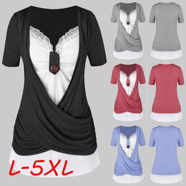

blouse women 2020 plus size short sleeve blouse v neck cross lace two tone knotted tunic shirt blusas mujer de moda, White