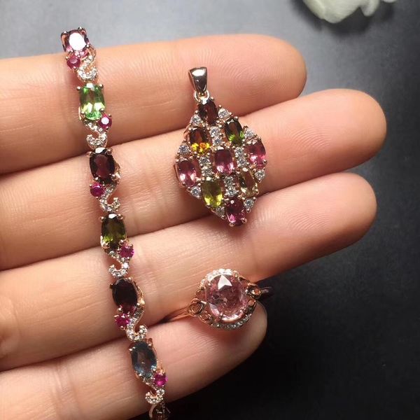 

fine jewelry real 925 sterling silver s925 natural tourmaline gemstone female jewelry set for women fine sets, Black