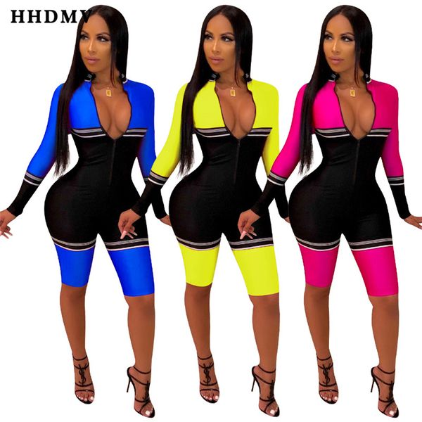 

hhdmv qm3825 tight locomotive style jumpsuits long sleeve zipper 3 color fashion 2019 new jumpsuits short pants, Black;white