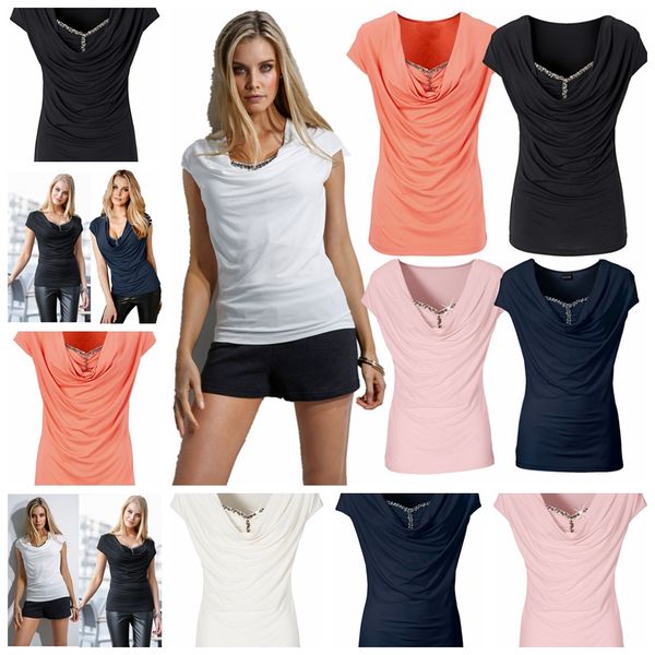 

european fashion new solid color hedge heap collar pearl beads short sleeve slim t-shirt black, pink, white support mixed batch