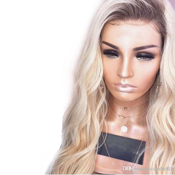 

two tone wave colored dark roots 613 blonde ombre lace front human hair wigs brazilian remy with natural hairline 180 density, Black