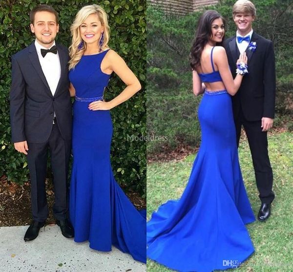 

royal blue mermaid prom dresses jewel neck open back sweep train vestidos de fiesta formal dress party evening gowns, Black