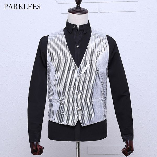 

shiny silver sequin vest men single breasted mens glitter dress vests wedding party prom singer gilet homme paillette waistcoat, Black;white