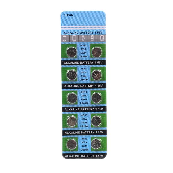 

10pcs/card ag13 button batteries lr44 357 r44 a76 sr1154 lr1154 cell coin alkaline battery 1.55v ag 13