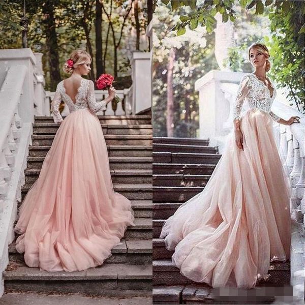 

blush pink country wedding dresses scalloped v neck long sleeves sweep train tulle custom made lace appliqued wedding gowns vestido de novia, White