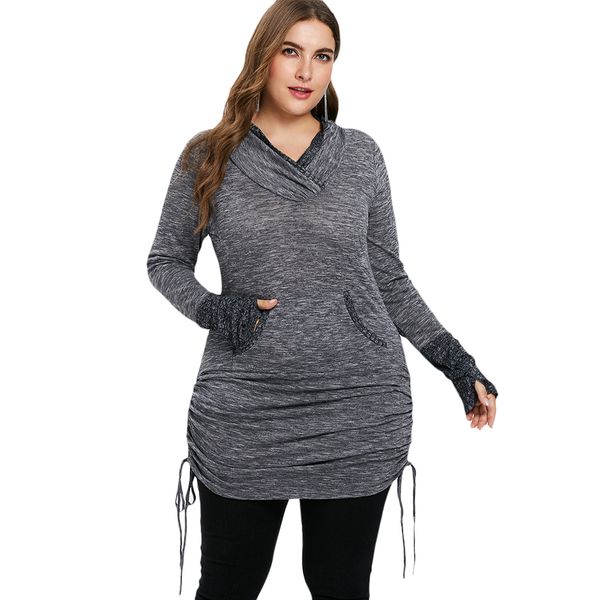 

wipalo plus size women sweatshirts shirred side extra long shirt kangaroo pocket ribbed cuff shawl collar pullover women's, Black