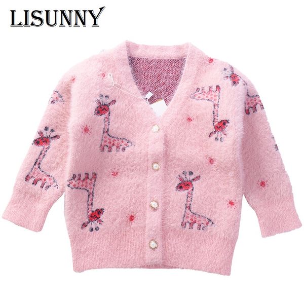 

2019 autumn winter girls sweater baby girl cardigan mink velvet knit kids clothes v neck cartoon giraffe children warm coat, Blue