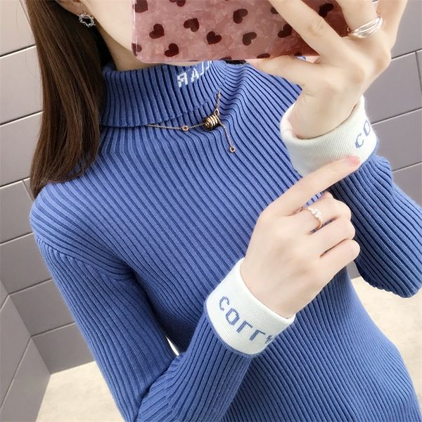 

autumn women pullover sweater fashion korean style letter winter knitted new wild slim high collar fall sweaters trend shirt, White;black