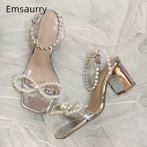 

fairy summer string bead ankle wrap sandals women square open toes transparent pvc med square heel bowtie party shoes woman, Black