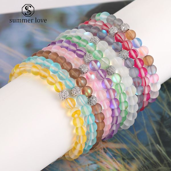 

6mm dull polish frosted glass flash stone beaded bracelet for women men 12 colors moonstone cz micro pave ball beads charm bracelet jewelry, Black