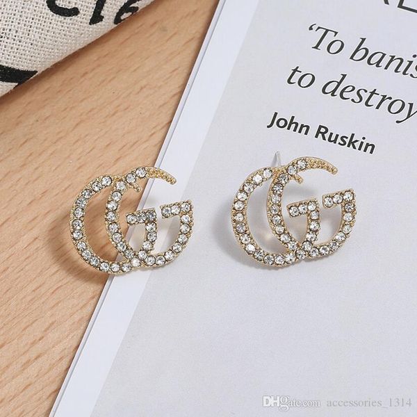 

19 korean version of the trend of rhinestones 925 silver needle net red letters diamond stud earrings simple temperament earrings, Golden;silver