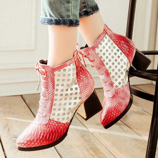 

women snake print lace up zip chunky heel autumn ankle boots plus size female pointed toe high heels ladies hollow out shoes, Black