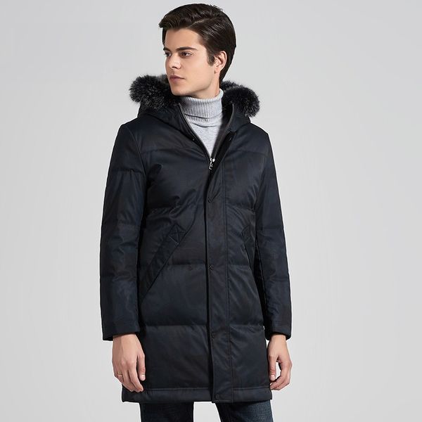 

winter fur hooded men's down jacket new male 90% white duck down coat warm mid-long clothes overcoats jk-851, Black