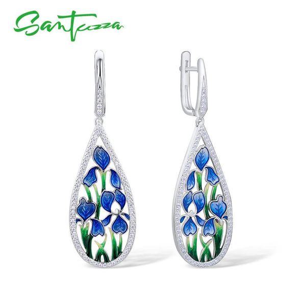 

santuzza silver flower earrings for women 925 sterling silver dangle blue petal earrings silver shiny cz jewelry handmade enamel