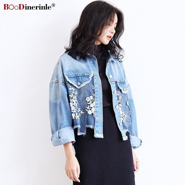 

boodinerinle autumn women coat 2019 plus size women's denim jacket street stitching jean jacket embroidery irregular short coat, Black;brown