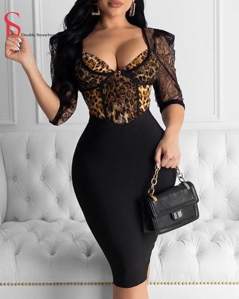 

party dresses double strawberry summer lace leopard tight waist bodycon dress women streetwear bandage nightclub midi, White;black