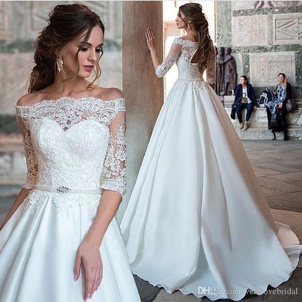 

princess arabic wedding dresses lace half sleeves off shoulder wedding dresses bateau satin turkey bride gown wedding dress vestidos, White