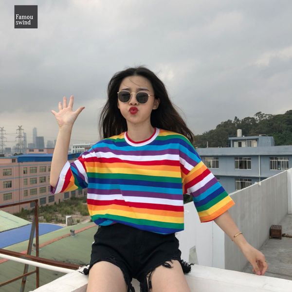 

новый t shirt tops радуга полосатый женщины harajuku тенниски 2019 втулки краткости лета корейский punk t shirt camiseta длинные feminina, White