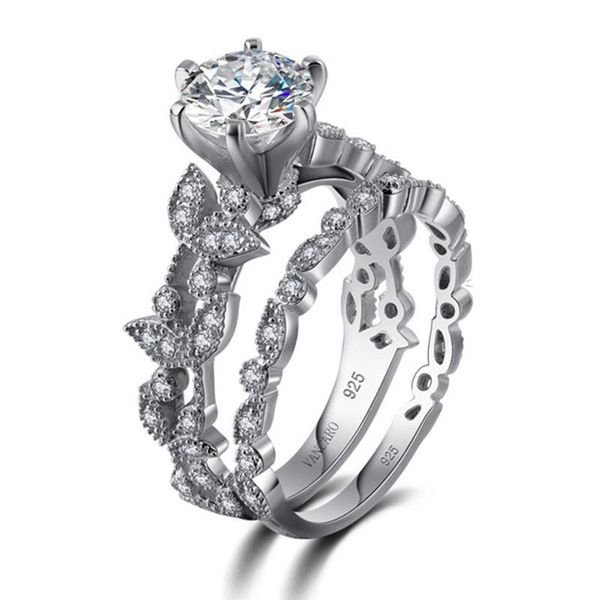 

2pcs trendy women zircon ring set 925 silver leaf sweet valentine's day gift for her