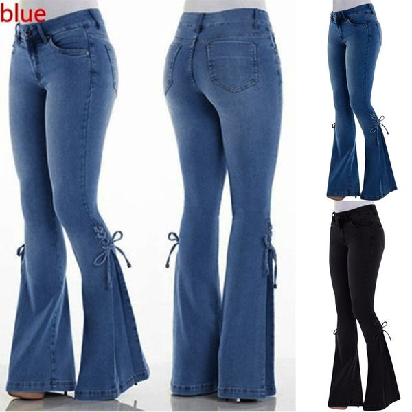 

women summer elastic plus loose denim bow casual boot cut pant jeans w814, Blue