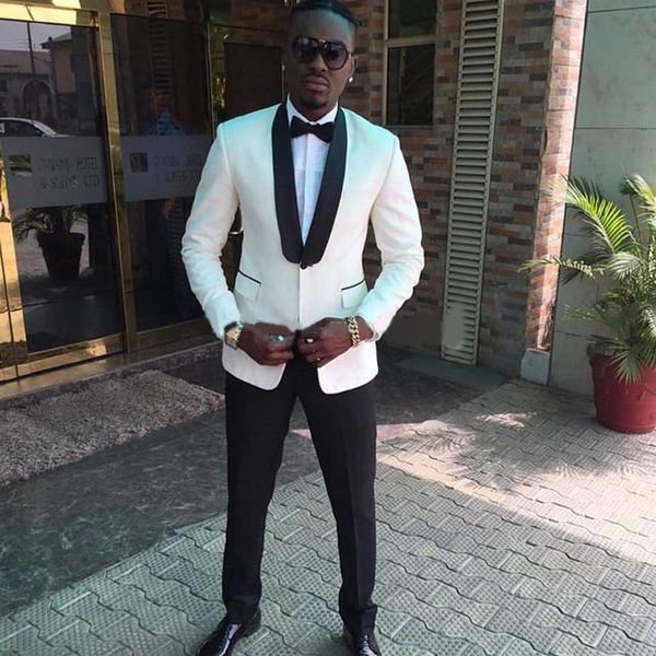 

classy white one button mens prom suits shawl lapel groomsmen wedding tuxedos for men blazers two pieces formal suit jacket+pants+bow tie, Black;gray