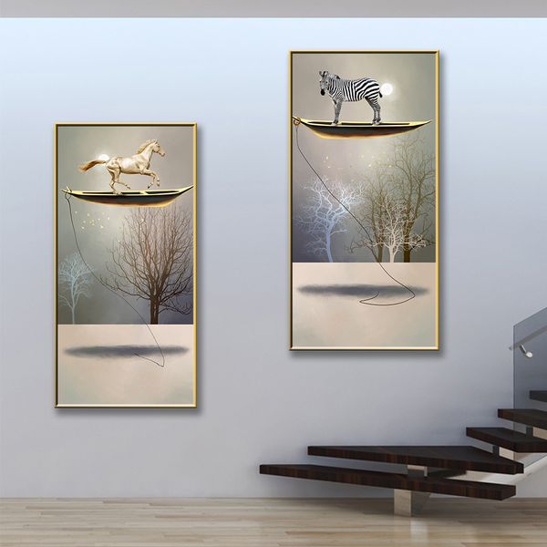 

creative fantasy floating boat animal porch canvas painting poster for living room bedroom decorativo wall print wall pictures