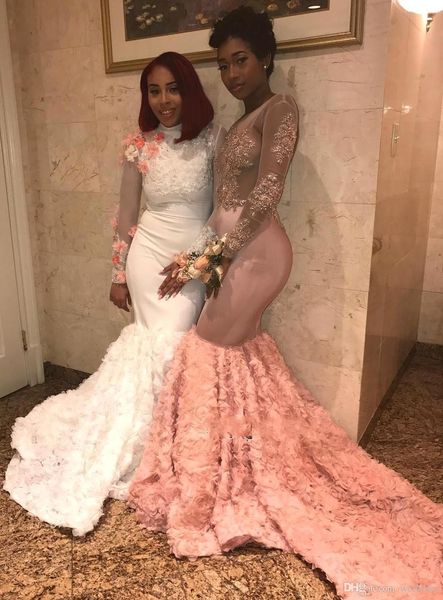 

african pink mermaid prom dresses black girls long sleeves beads lace handmade flowers prom gowns open back evening dresses hy4013