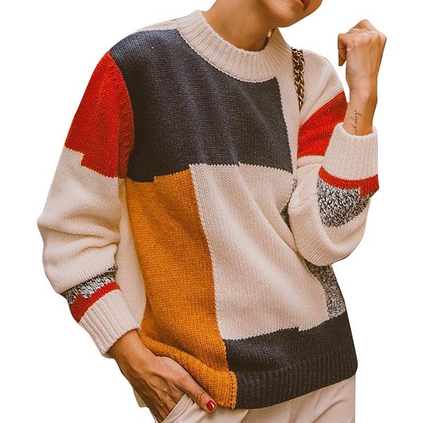 

womens pullover long sleeve sweaters knot o-neck casual patchwork sweater womens geometric knitwear patchwork blouse, White;black