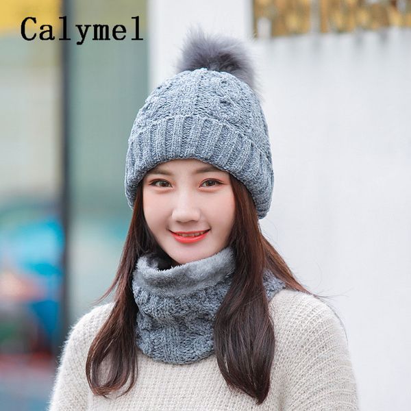

calymel scarf and hat sets autumn winter velvet thick hat simple neckerchief women 2019 new knitted warmer wool cap beanies, Blue;gray