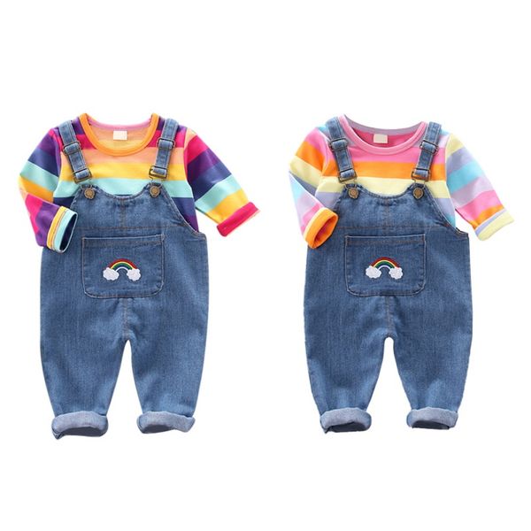 

spring autumn casual fashion baby girl rainbow striped long sleeve and suspender trousers set, White