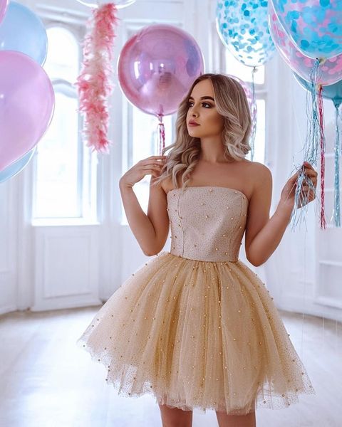 

2020 новая линия шампанское тюль короткие платья возвращения на родину пышные бусы одеяние для коктейля выпускные платья для выпускного бала, Blue;pink