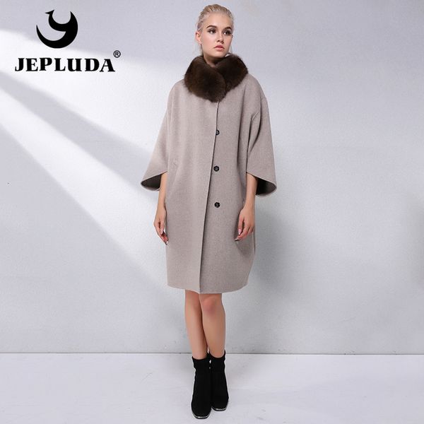 

jepluda elegant plus size wool blends coat with real fox fur women natural real fur coat loose style cashmere coat jacket women y190926, Black;brown