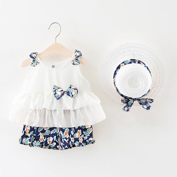

new summer baby girl комплекты одежды outfit 3шт лук белый оборками топы + цветочный принт шорты + шляпа kit roupa infantil, White