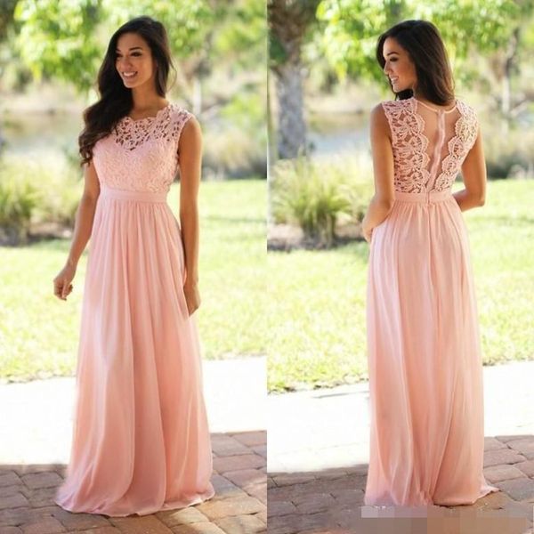 

elegant pink lace ruched country bridesmaid dresses chiffon long jewel neck floor length wedding guest party gowns custom made, White;pink