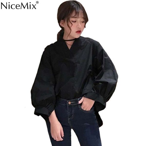 

nicemix 2019 women shirt blouses cotton black white shirts v neck long sleeved casual shirt plus size loose women top