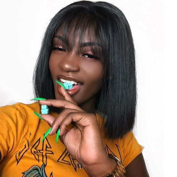 Bob Bangs Lace Front Human Hair Wigs Baby Hair Pre Plucked Full
