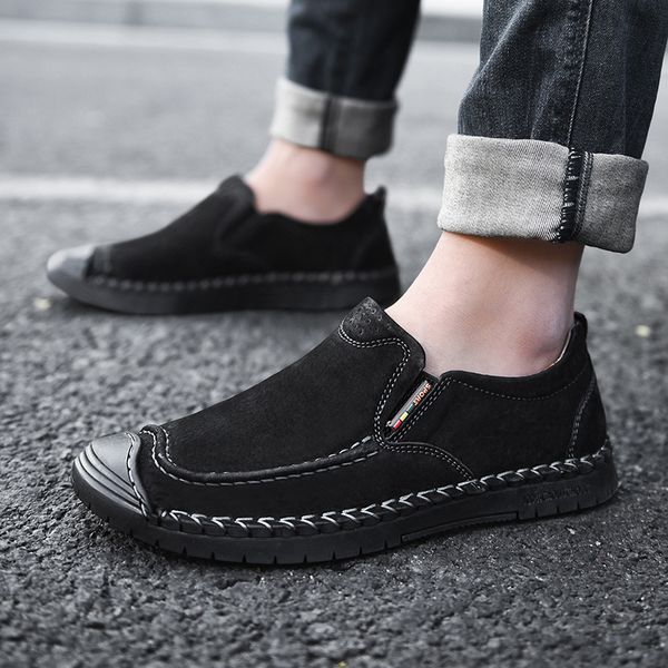 

summer leather male loafers fashion soft casual shoes men breathable driving shoes men slip on male loafers, Black