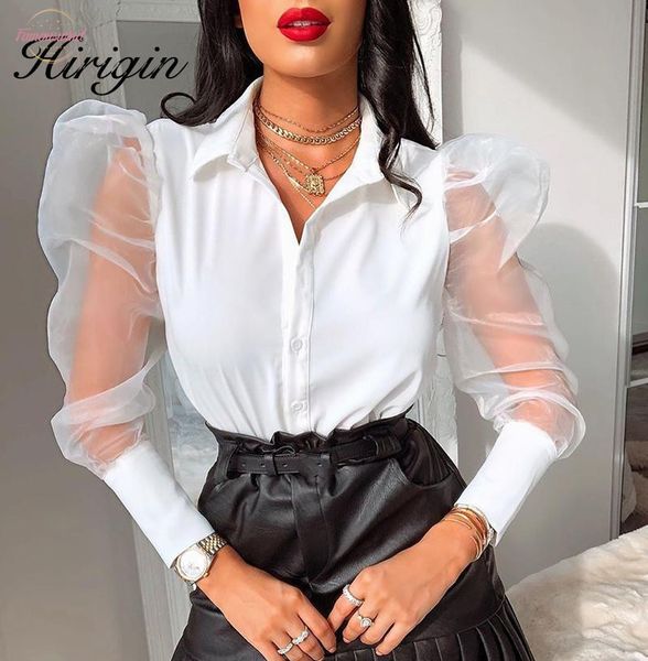 

vintage polyester patchwork puff long sleeve blouse women elegant white shirt ladies designed fashion 2020 organza transparent