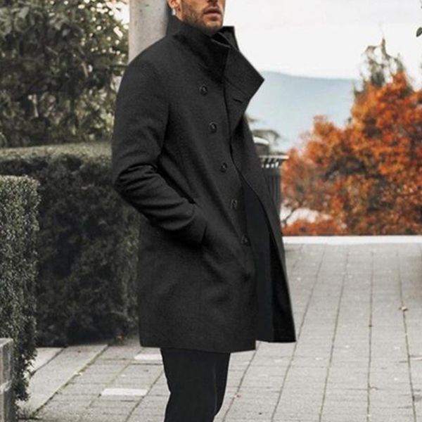 

men casual long sleeve button down trench jacket outwear holiday warm coat, Black
