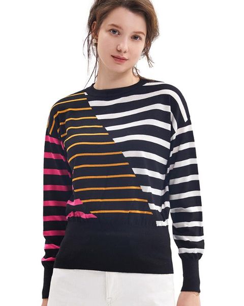 

zhili women's knit striped triple color tees, White;black