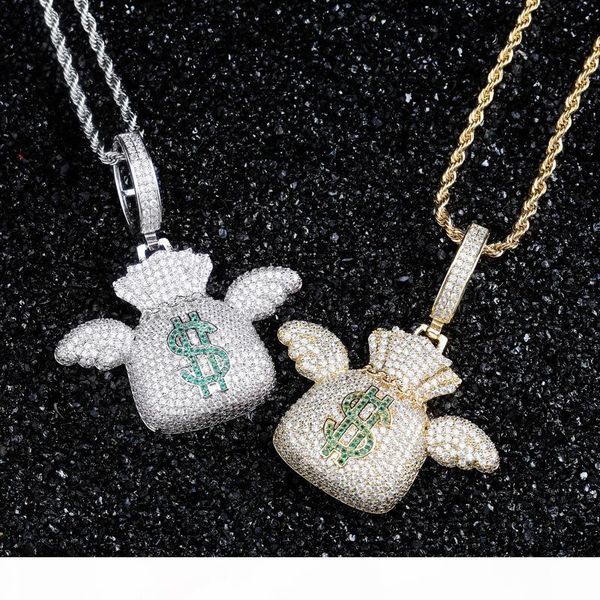 

hip hop iced out cz камень bling доллар сша деньги мешок летающий кошелек подвески ожерелье для мужчин рэпер ювелирные изделия золото серебр, Silver