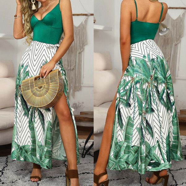 

women fashion boho casual long maxi dress evening party beach dress sundress summer v neck print holiday dresses, Black;gray