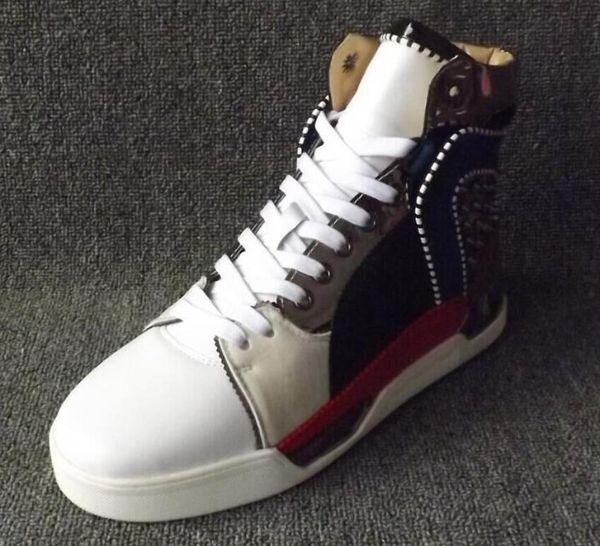 

2018 brand new men patchwork style sneakers rivets stud sneakers lace up high casual shoes male party shoes red bottom sneakers cs09, Black