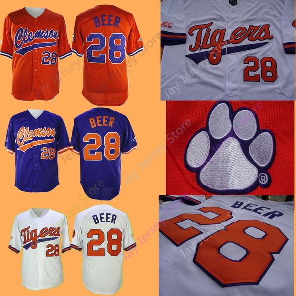 

NCAA College Clemson Tigers baseball Jersey 28 Seth Beer Home Away White Purple Orange Stitched