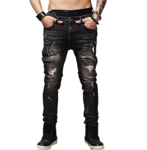 

2019 fashion men washed black jeans slim fit denim hip hop stretch ripped jeans for boys, Blue