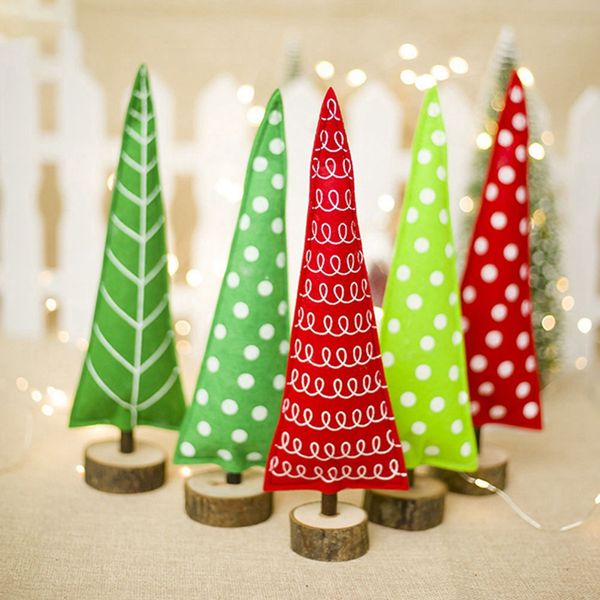

1pc mini christmas tree red green christmas wooden decorations striped printed tree decration